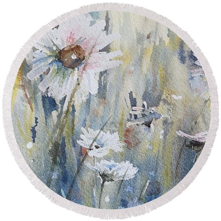 Watercolour Art Round Beach Towel featuring the painting Wild Daisies by Sheila Romard