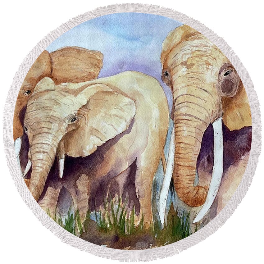 Elephants Round Beach Towel featuring the painting Wild Elephants by Hilda Vandergriff