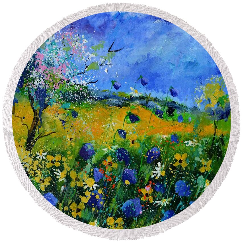 Landscape Round Beach Towel featuring the painting Wild flowers in summer by Pol Ledent
