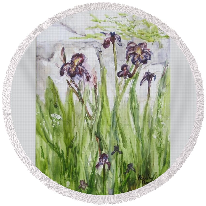 Painting Round Beach Towel featuring the painting Wild Iris by Paula Pagliughi