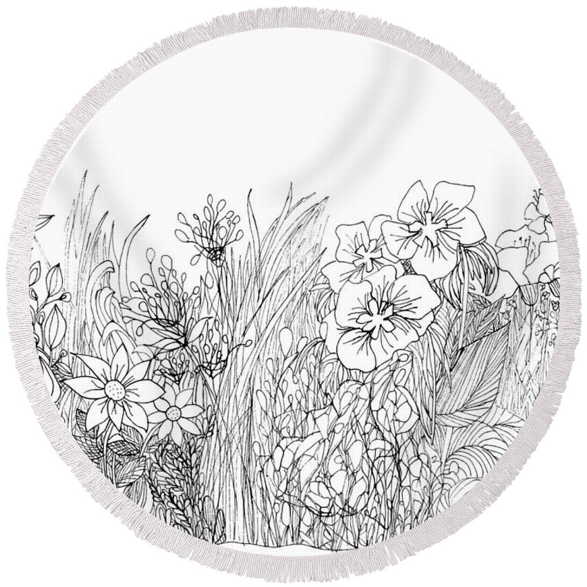 Wildflower Garden Round Beach Towel featuring the drawing Wildflower Garden - Line Art - Drawing by Patricia Awapara