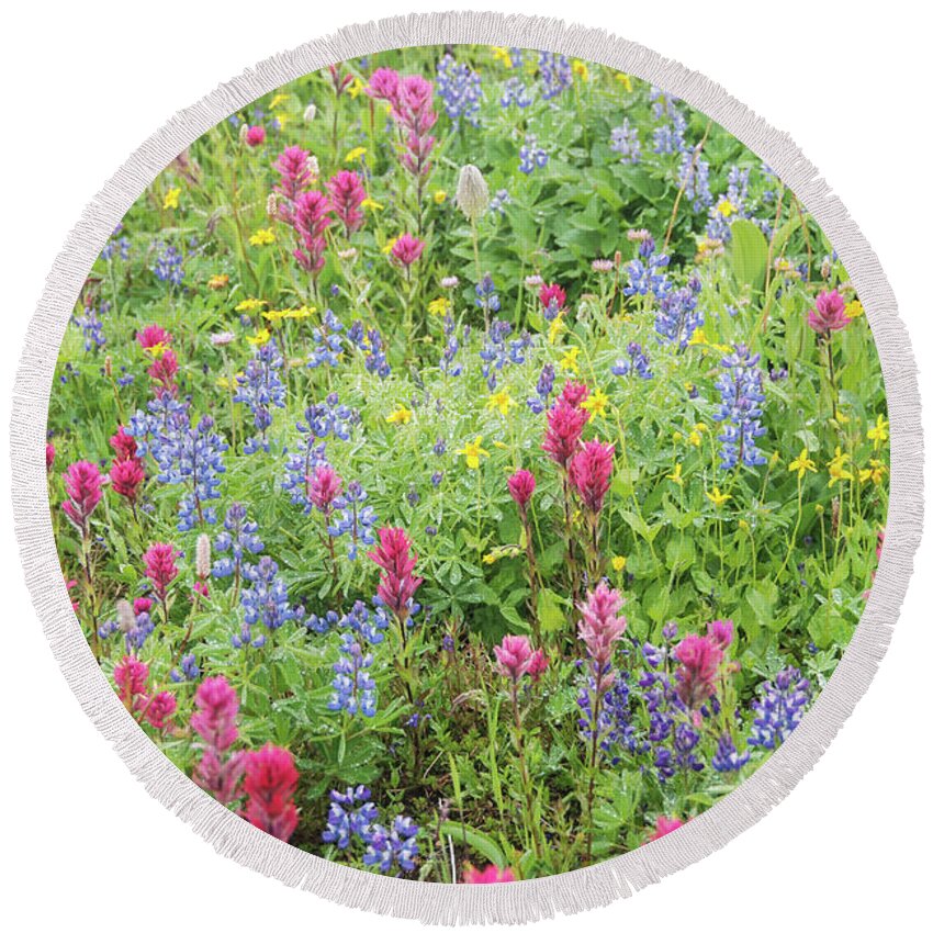 Bloom Round Beach Towel featuring the photograph Wildflowers at Paradise, Mount Rainier National Park by Nancy Gleason