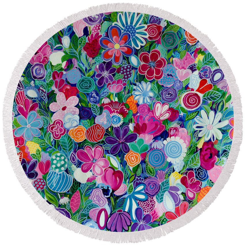 Abstract Floral Round Beach Towel featuring the painting Wildflowers by Beth Ann Scott