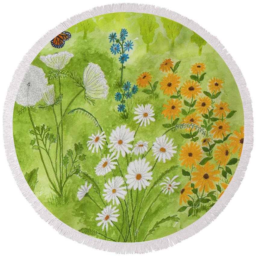 Wildflowers Round Beach Towel featuring the painting Wildflowers in the Garden by Conni Schaftenaar