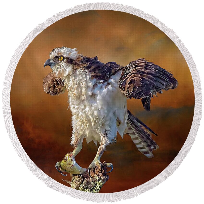 Ospreys Round Beach Towel featuring the mixed media Wildlife Artistry by DB Hayes