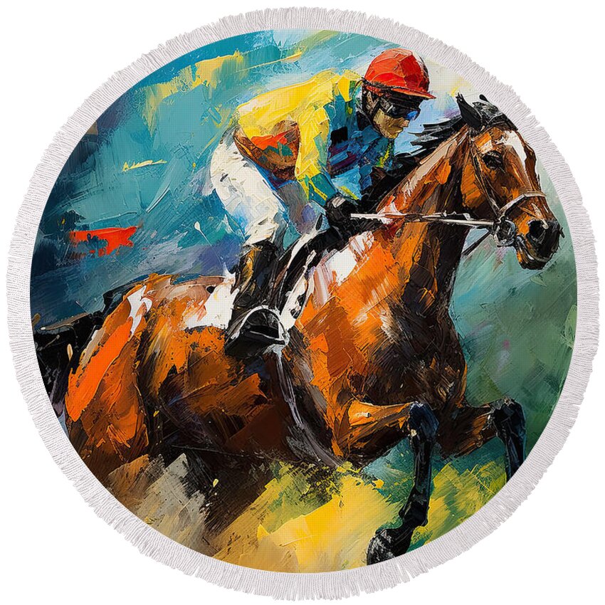 Horse Racing Round Beach Towel featuring the painting Will To Win - Horse Racing Art - Will Power by Lourry Legarde