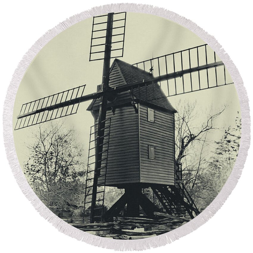 Williamsburg Round Beach Towel featuring the photograph Williamsburg Windmill in Sepia by Norma Brandsberg