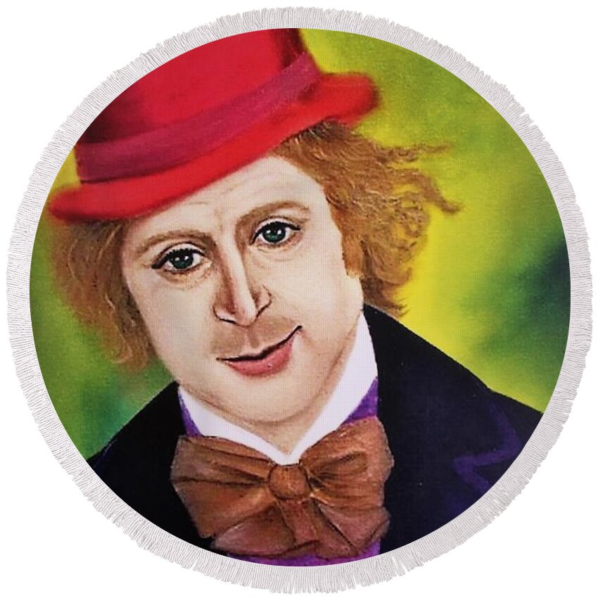 . Portrait Willy Wonka Wall Art Home Décor Gloss Print Cards White Envelope Greeting Cards Face Portrait Posters Print Blue Eyes Red Hat Cards For Him Gift Idea Round Beach Towel featuring the photograph Willy Wonka by Tanya Harr