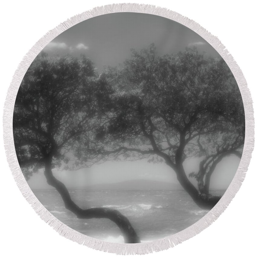Maui Round Beach Towel featuring the photograph Wind Bent Trees in Black and White by Tina Horne