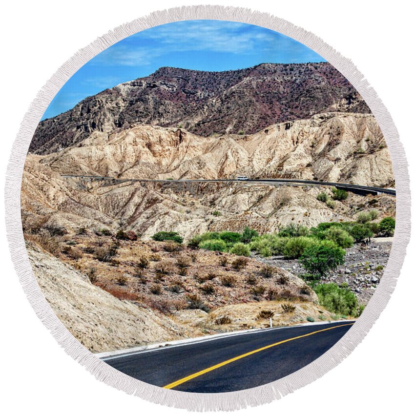Winding Road Round Beach Towel featuring the photograph Winding road Baja California by Tatiana Travelways