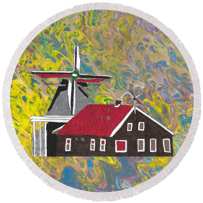 Amsterdam Round Beach Towel featuring the mixed media Windmill Amsterdam Skyline Yellow Marbled Background by Ali Baucom
