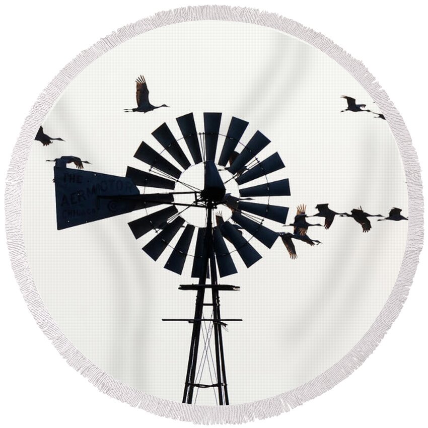 Sandhill Cranes Round Beach Towel featuring the photograph Windmills and Sandhill Cranes by Susan Rissi Tregoning