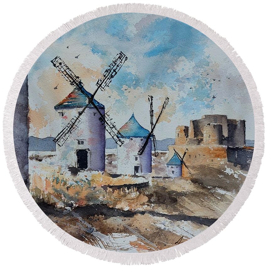 Molinos Round Beach Towel featuring the painting Windmills of Consuegra by Amanda Amend