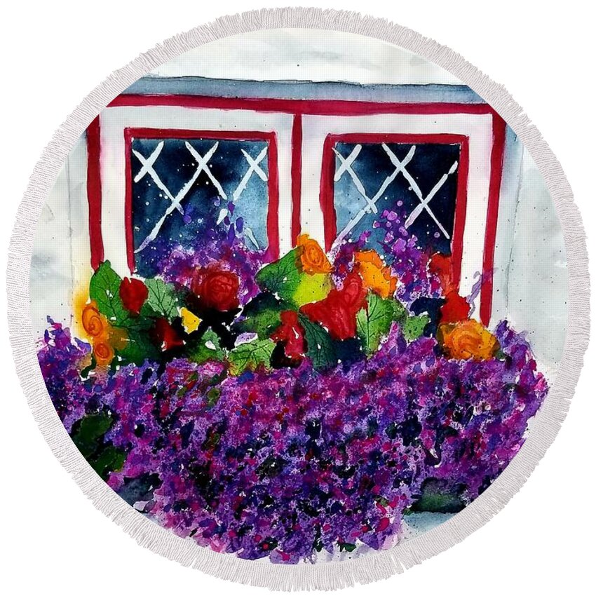 Flowers Round Beach Towel featuring the painting Window Treatment by Ann Frederick