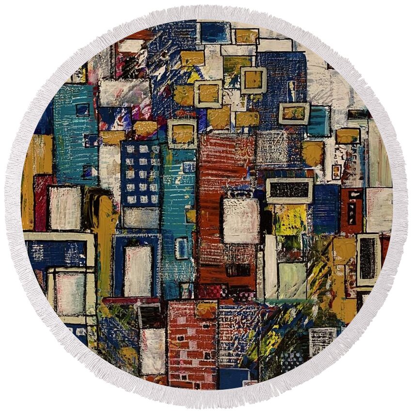 Abstract Art Round Beach Towel featuring the painting Windows and Doors by Raji Musinipally