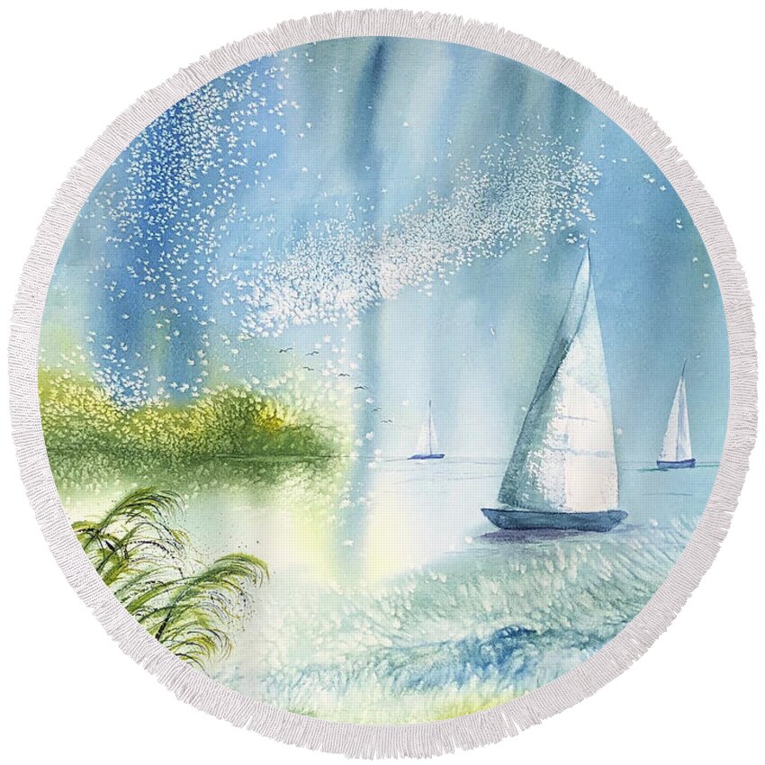 Seascape Round Beach Towel featuring the painting Seascape -- Winds Up, Let's Sail by Catherine Ludwig Donleycott