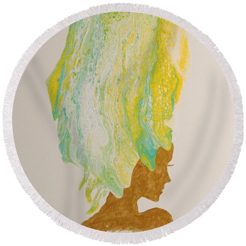 Abstract Portrait Round Beach Towel featuring the mixed media Windy day by John Johnson