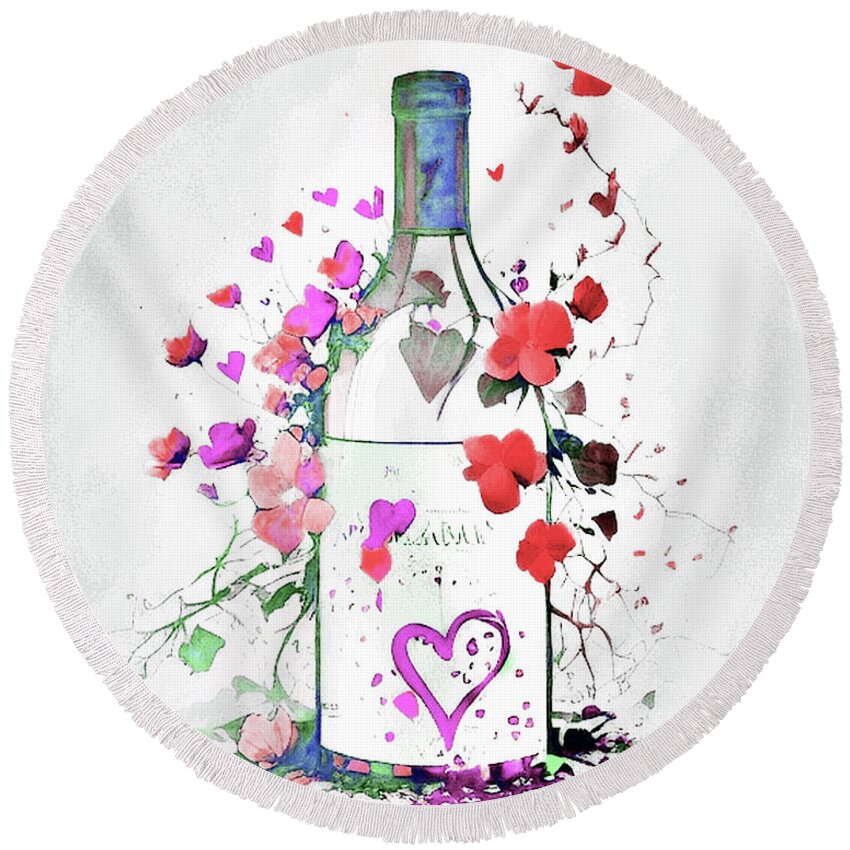 Flowers Round Beach Towel featuring the painting Wine and Valentine by Lisa Kaiser