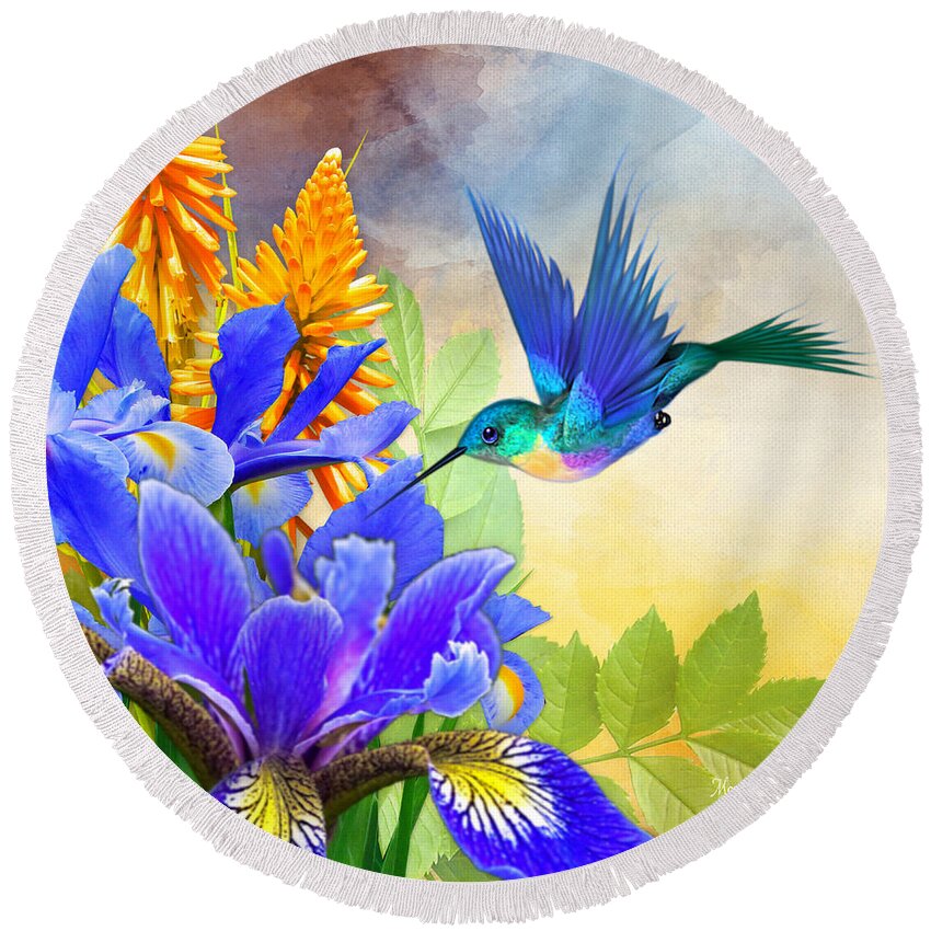 Hummingbird On Flower Round Beach Towel featuring the digital art Wings of Blue by Morag Bates