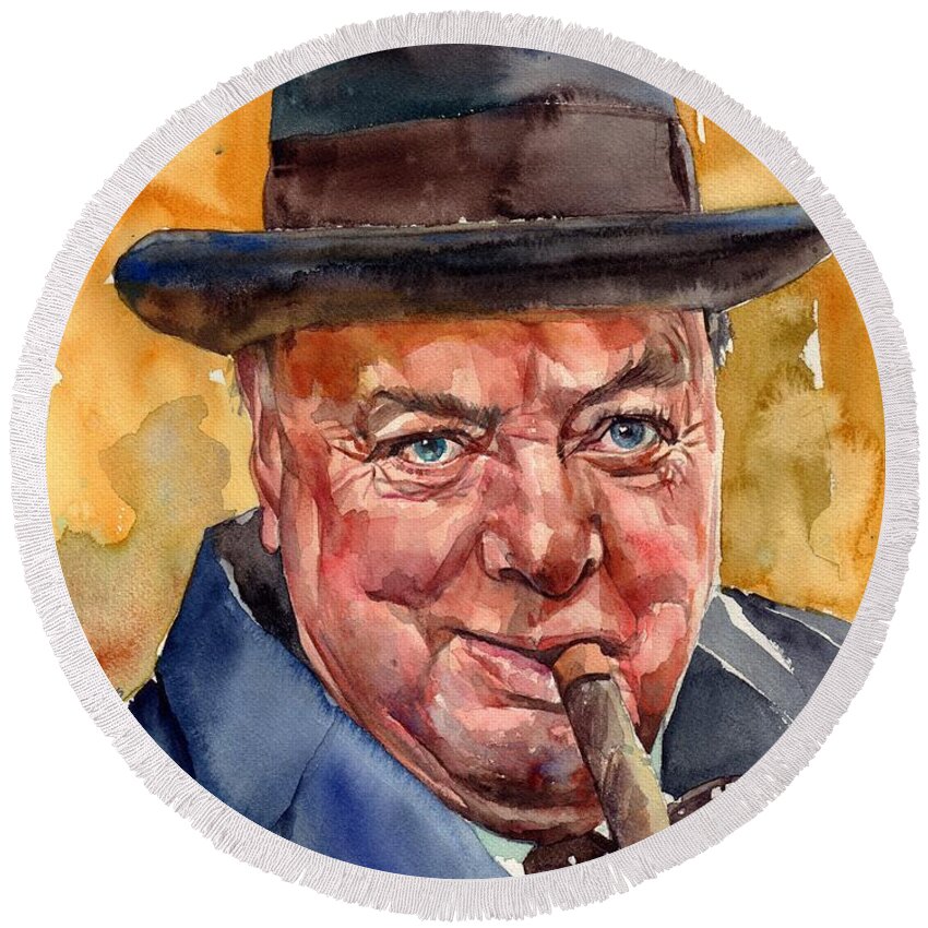 Winston Churchill Round Beach Towel featuring the painting Winston Churchill by Suzann Sines