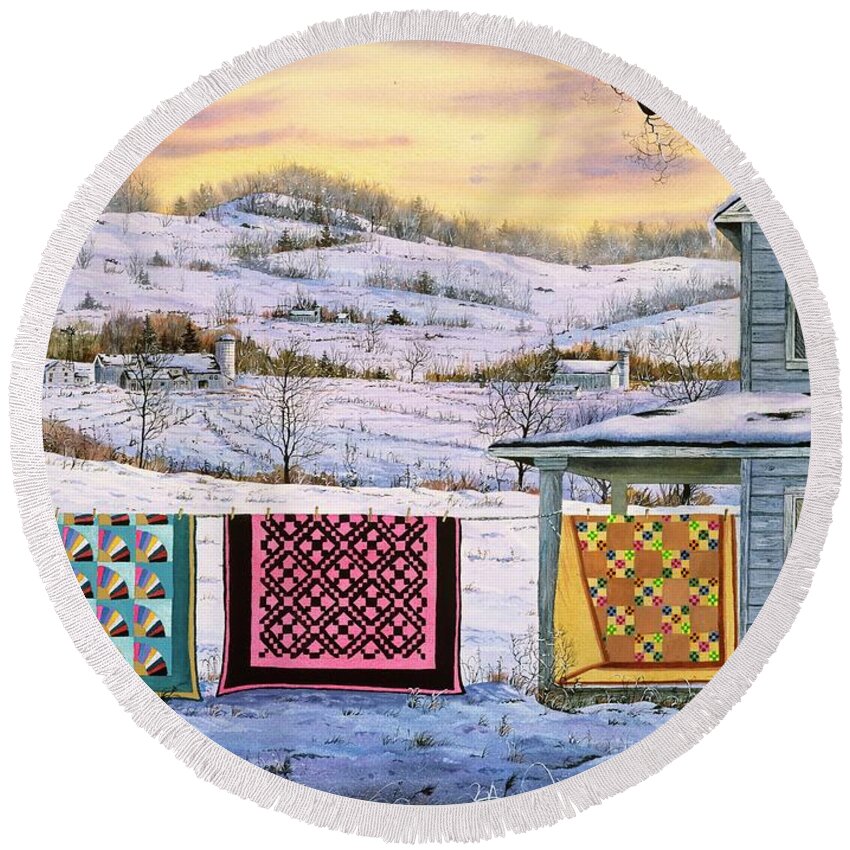 Winter Sunset Round Beach Towel featuring the painting Winter Airing by Diane Phalen
