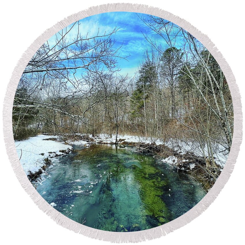 Winter Round Beach Towel featuring the photograph Winter Along the Creek by Kerri Farley