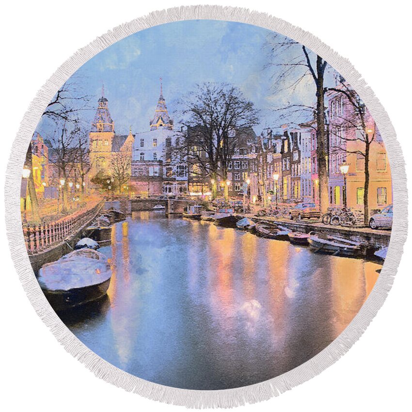 Amsterdam Round Beach Towel featuring the mixed media Winter Amsterdam by Alex Mir