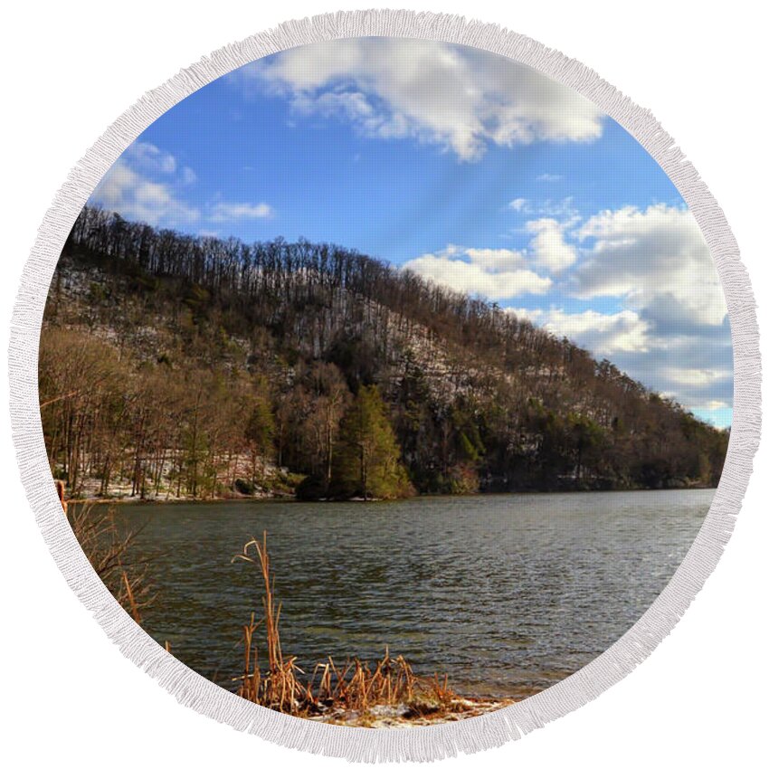 Winter Round Beach Towel featuring the photograph Winter at the Lake - Hungry Mother State Park by Kerri Farley