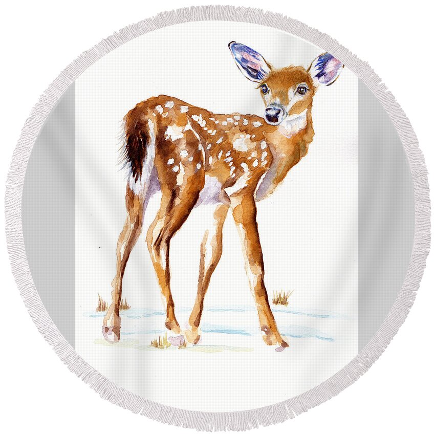 Bambi Round Beach Towel featuring the painting Winter Bambi Faun by Debra Hall