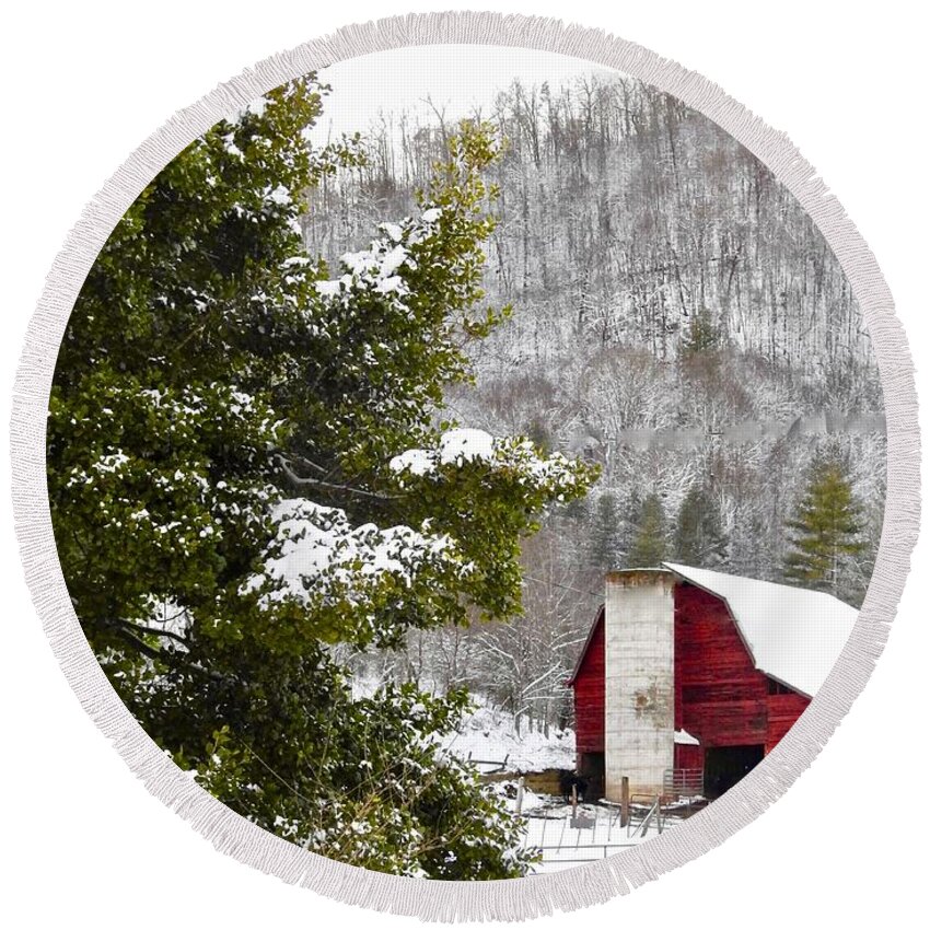 Winter Barn Round Beach Towel featuring the photograph Winter Barn by Kathy Ozzard Chism