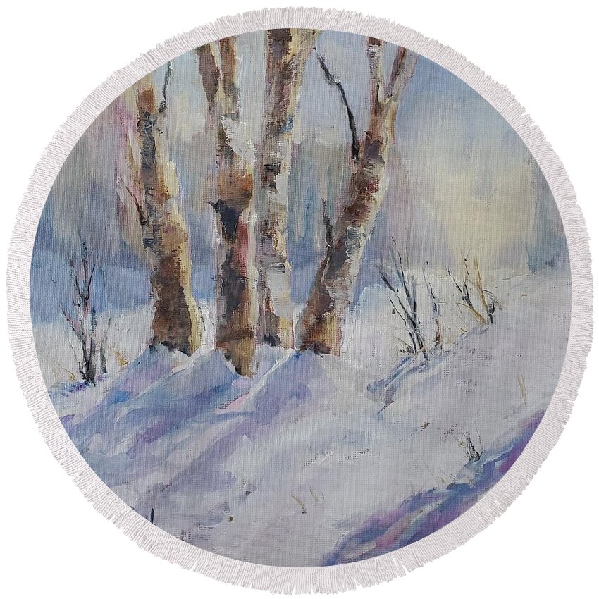 Landscape Round Beach Towel featuring the painting Winter Birches by Sheila Romard