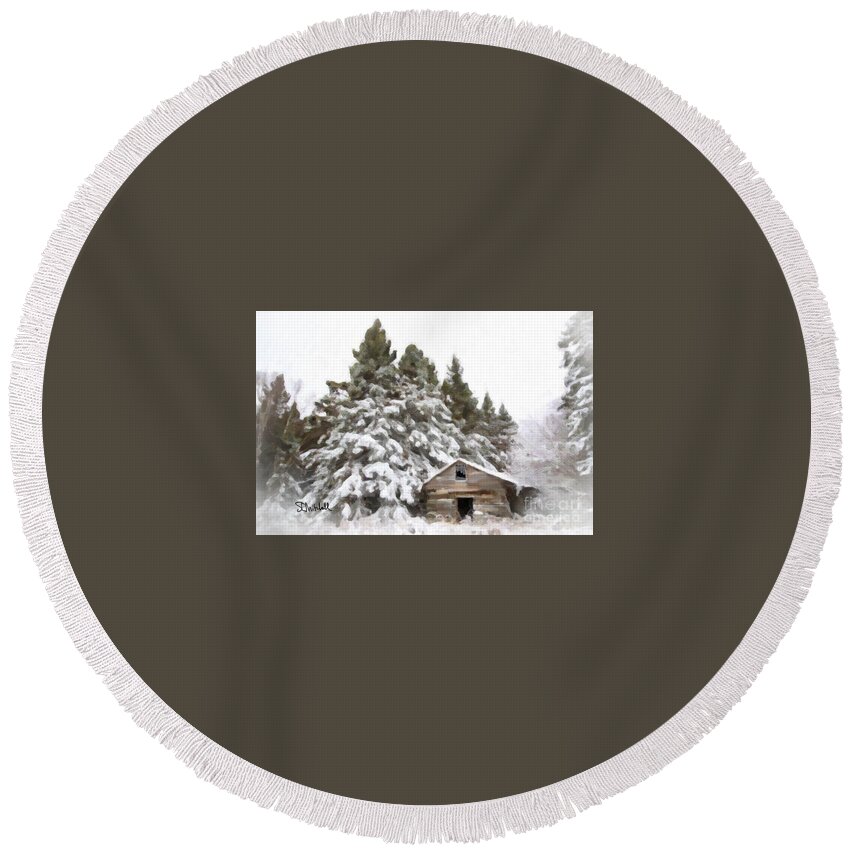 Winter Round Beach Towel featuring the painting Winter Cabin by Stephen Mitchell