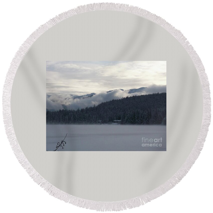 #alaska #juneau #ak #cruise #tours #vacation #peaceful #aukelake #snow #winter #cold #postcard #morning #dawn Round Beach Towel featuring the photograph Winter Escape by Charles Vice