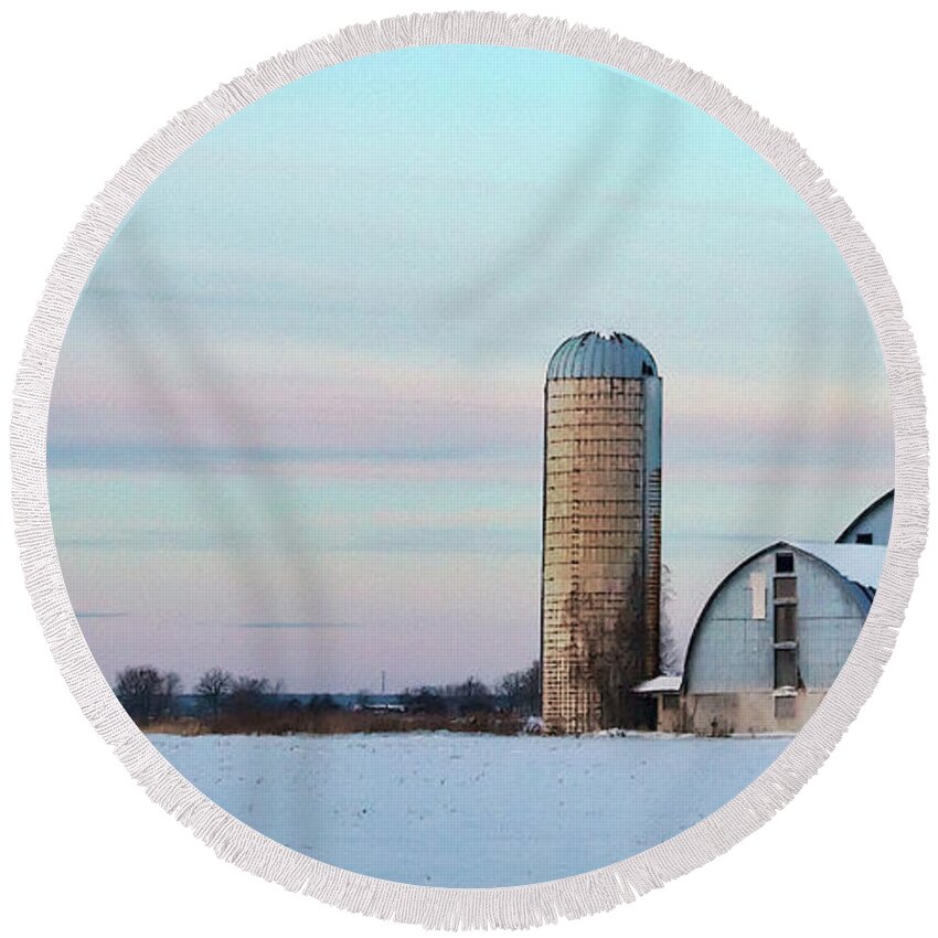 Winter Round Beach Towel featuring the photograph Winter Farm and Barns Ontario by Tatiana Travelways