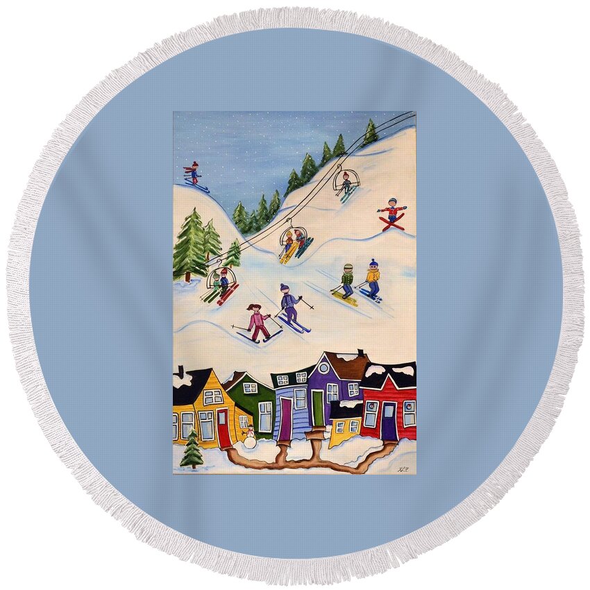 Abstracted Round Beach Towel featuring the painting Winter Fun by Heather Lovat-Fraser