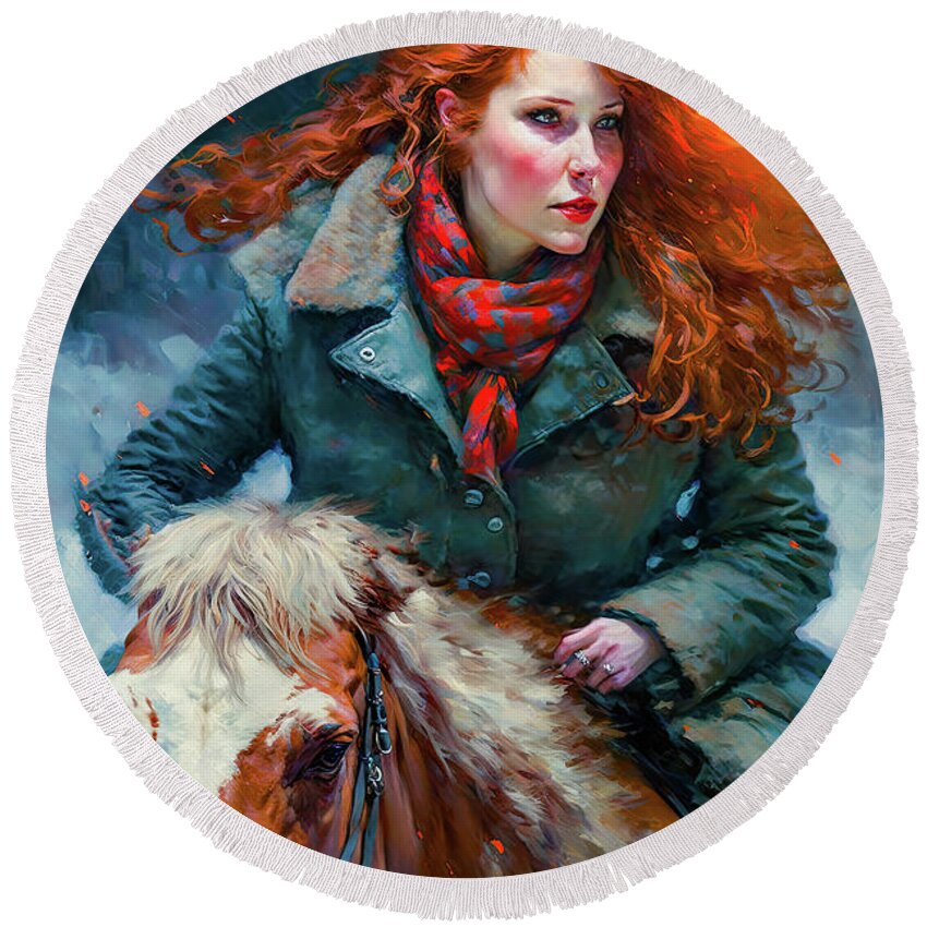 Redhead Round Beach Towel featuring the painting Winter Hallow Into The Night by Bob Orsillo
