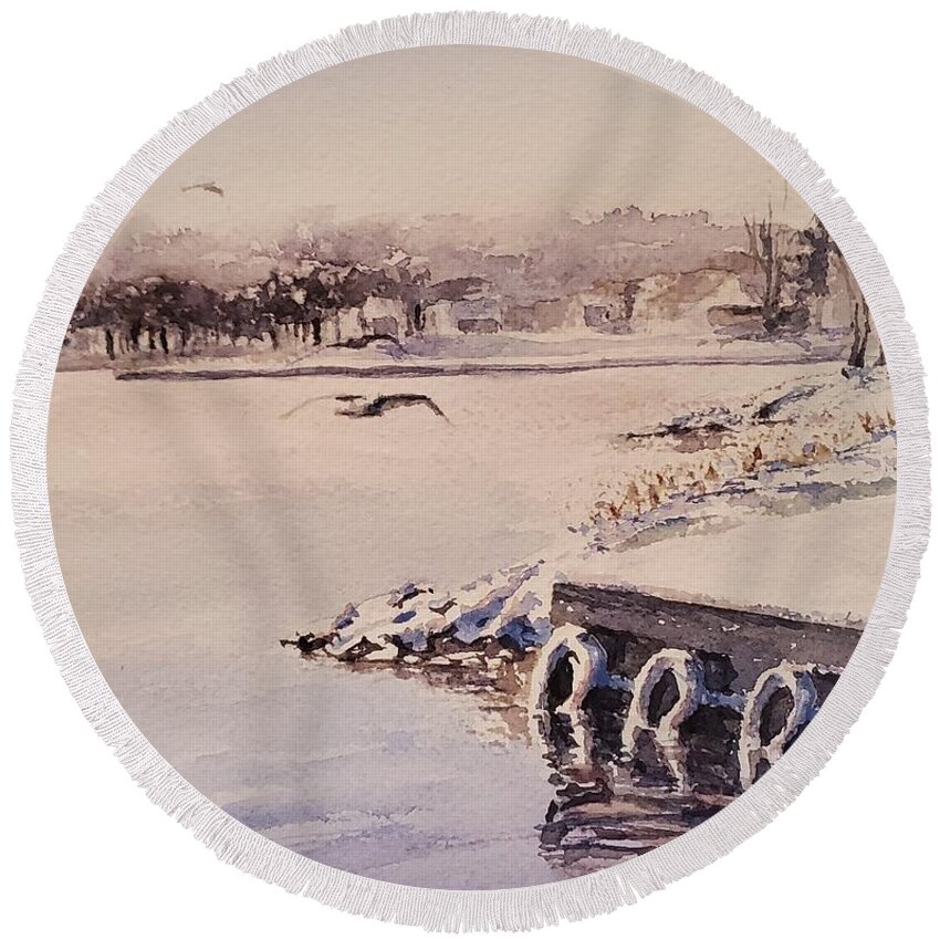Snow Round Beach Towel featuring the painting Winter Harbour by Sheila Romard