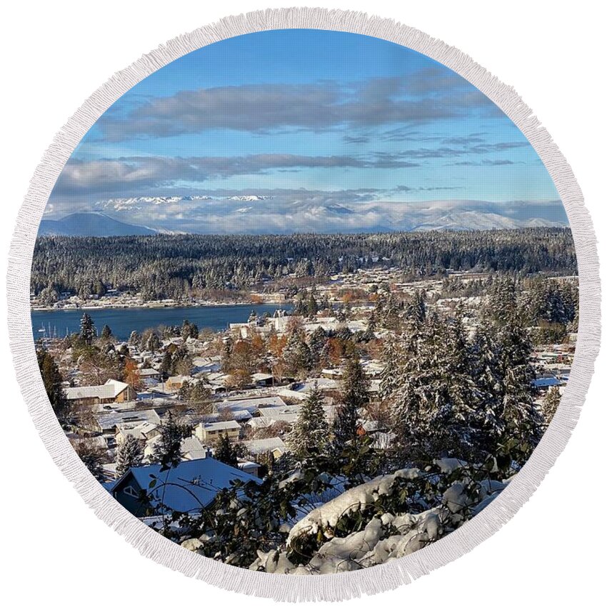 Landscape Round Beach Towel featuring the photograph Winter in Poulsbo 2022 by Jerry Abbott