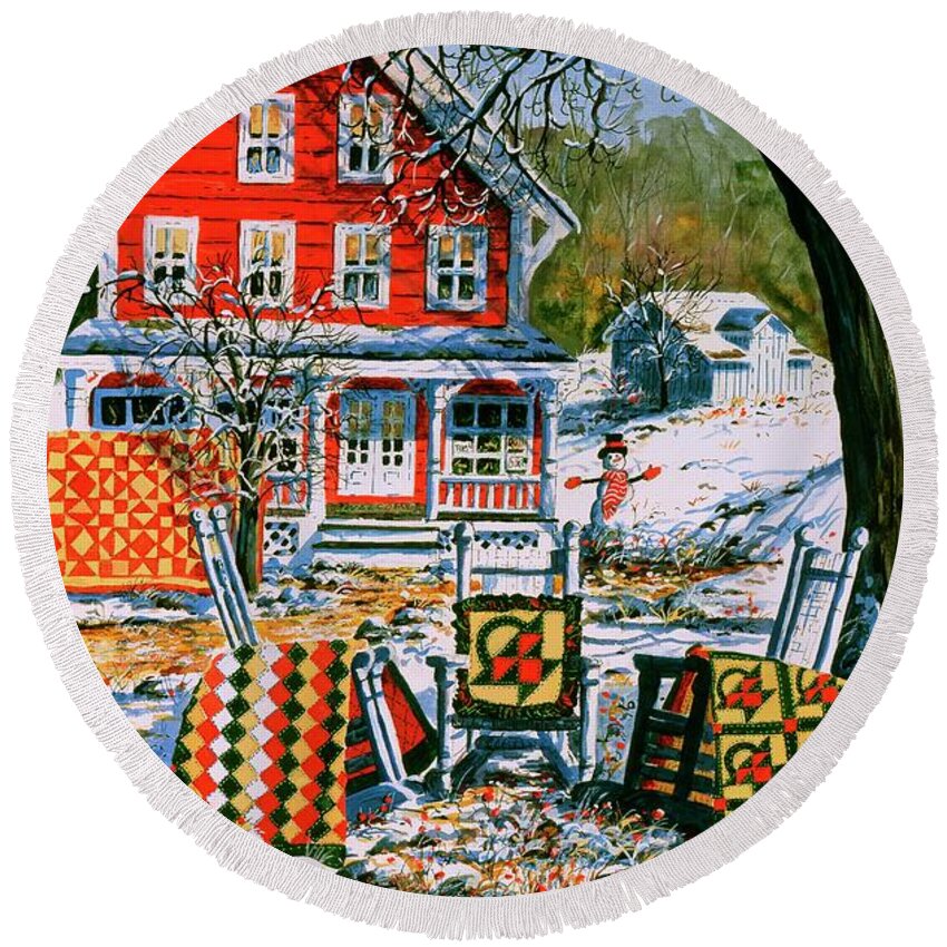 Winter Round Beach Towel featuring the painting Winter Joy by Diane Phalen
