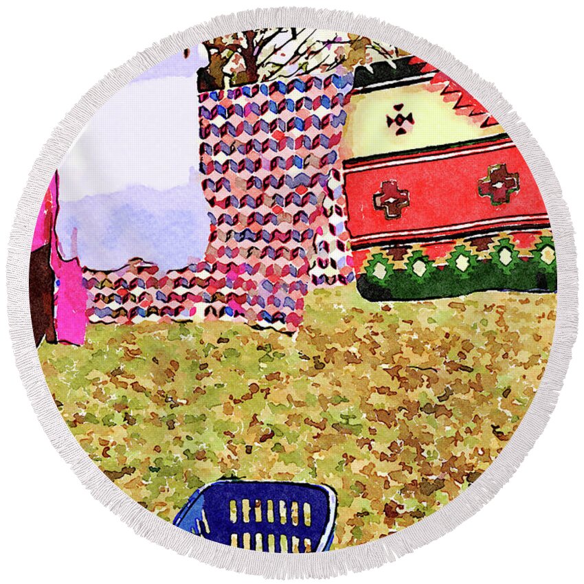 Laundry Day Round Beach Towel featuring the digital art Winter Laundry Day Watercolor Painting by Shelli Fitzpatrick