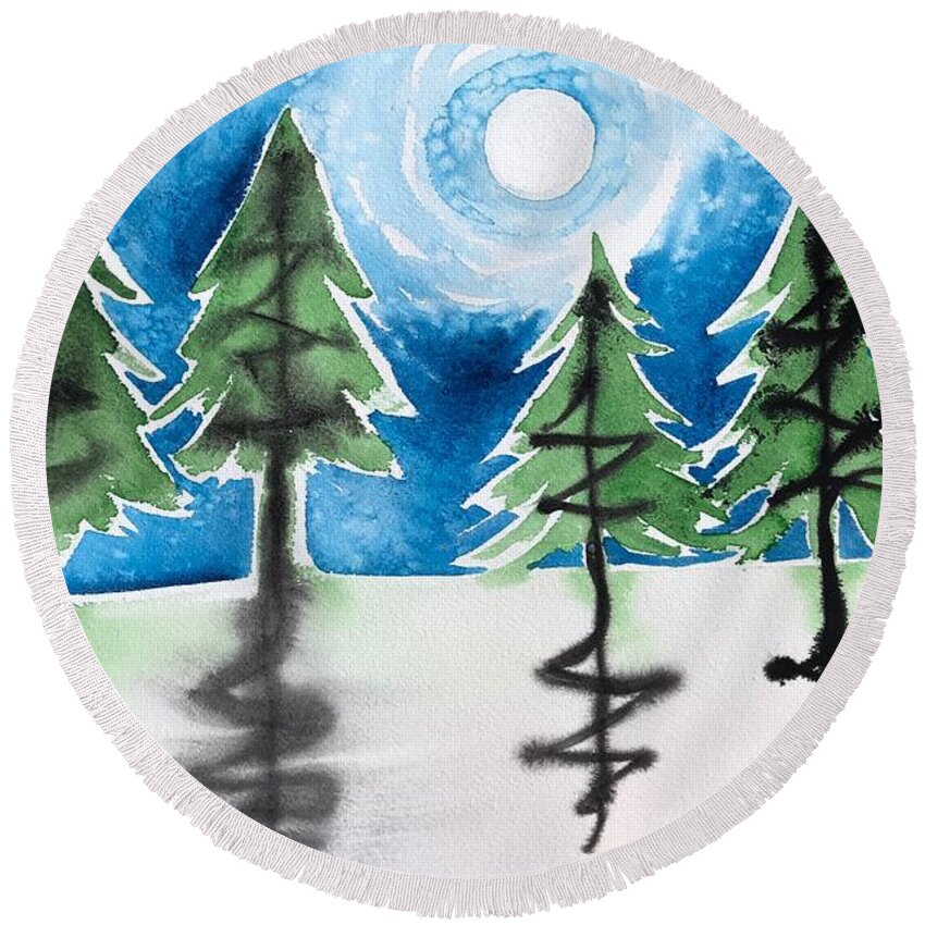 Winter Round Beach Towel featuring the painting Winter Moon by Helen Klebesadel
