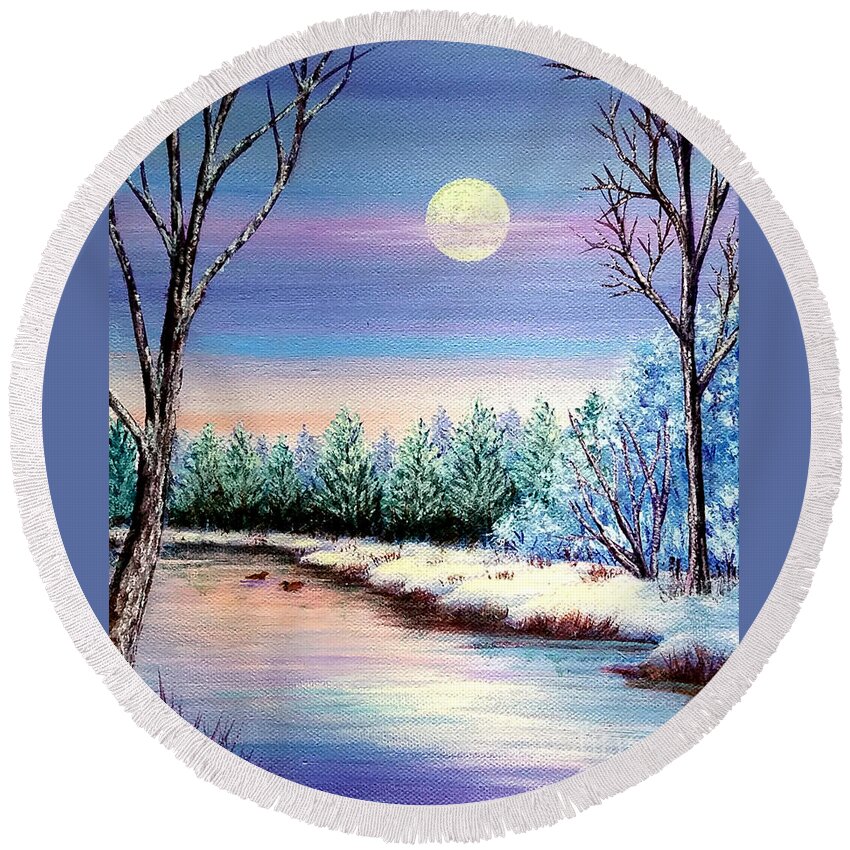 Christmas Round Beach Towel featuring the painting Winter Moon by Sarah Irland
