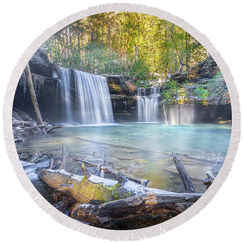 Caney Creek Falls Round Beach Towel featuring the photograph Winter Morning Snow At Caney Creek Falls by Jordan Hill