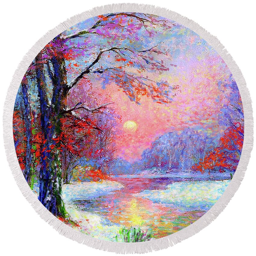 Tree Round Beach Towel featuring the painting Winter Nightfall, Snow Scene by Jane Small