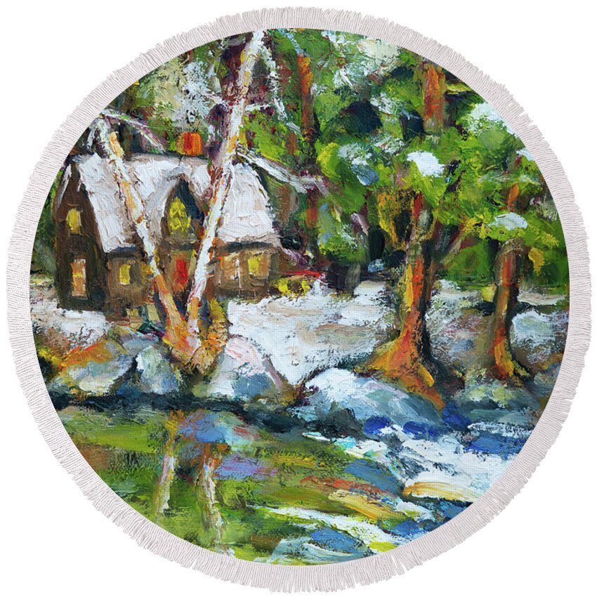 Landscape Round Beach Towel featuring the painting Winter Retreat by Mike Bergen