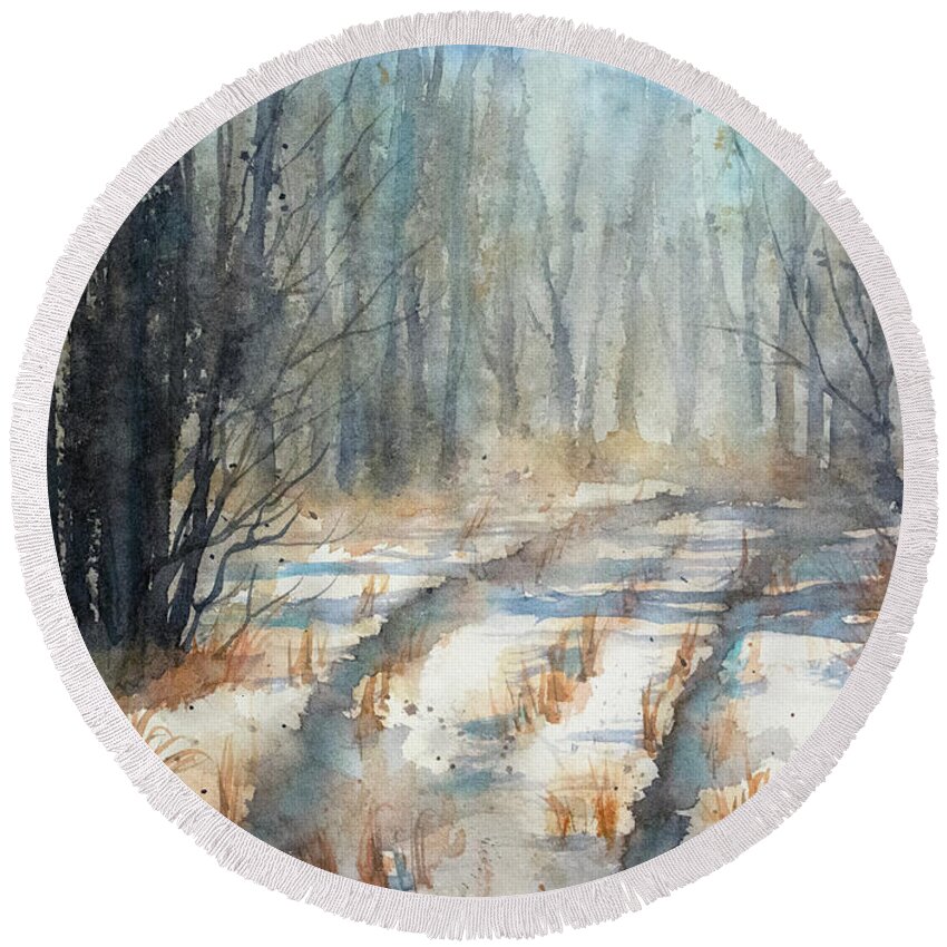 Winter Round Beach Towel featuring the painting Winter Road by Rebecca Davis