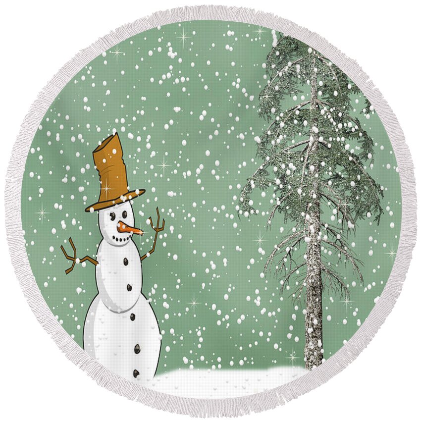 Snowman Round Beach Towel featuring the mixed media Winter Scene With Snowman 5 by David Dehner