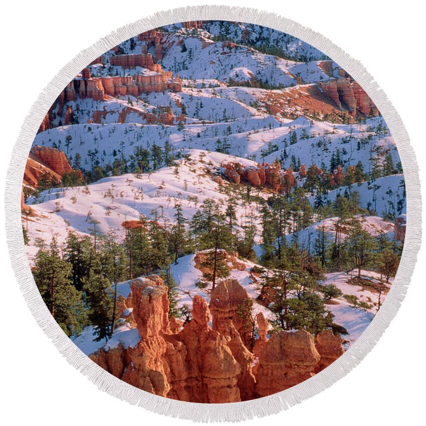 Dave Welling Round Beach Towel featuring the photograph Winter Sunrise Bryce Canyon National Park by Dave Welling