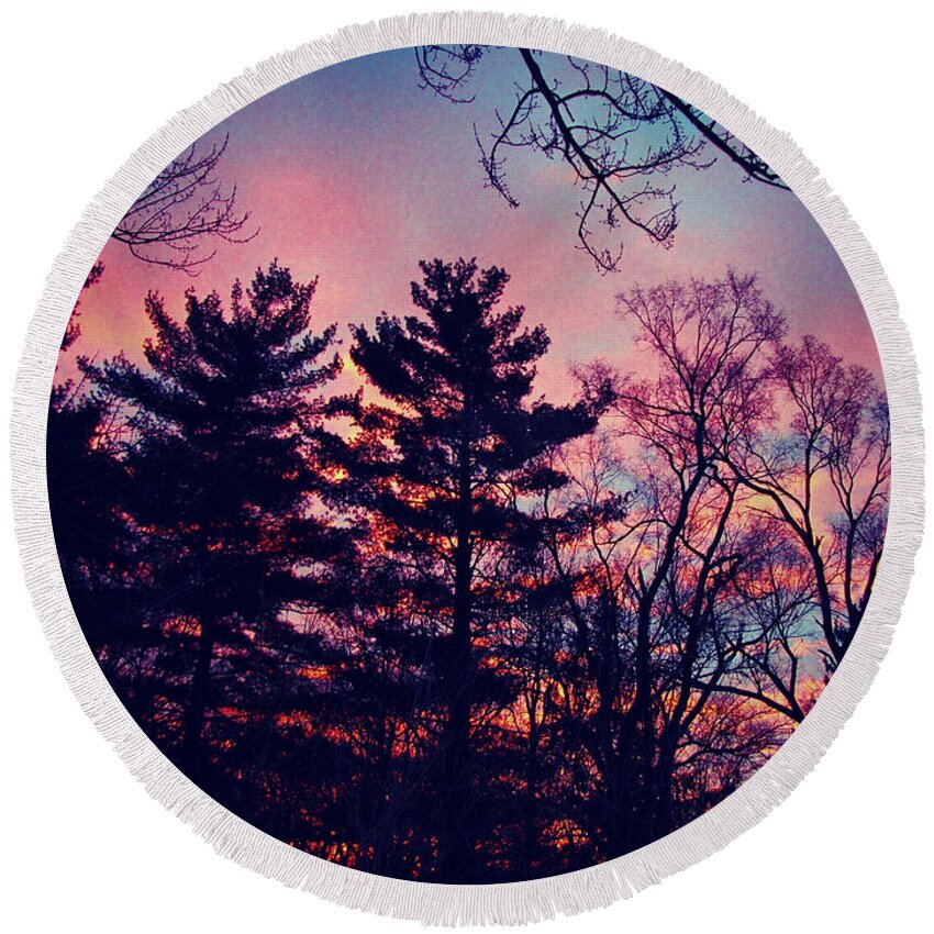 Nature Round Beach Towel featuring the photograph Winter Sunrise Through Silhouetted Pines by Frank J Casella