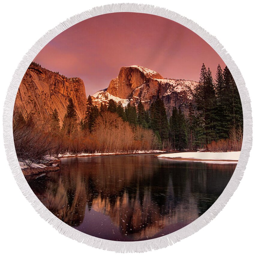 North America Round Beach Towel featuring the photograph Winter Sunset Lights Up Half Dome Yosemite National Park by Dave Welling